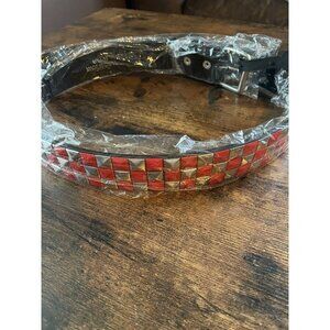 Black Faux Leather Belt with Red & Silver Studs – Adjustable Punk Gothic Belt